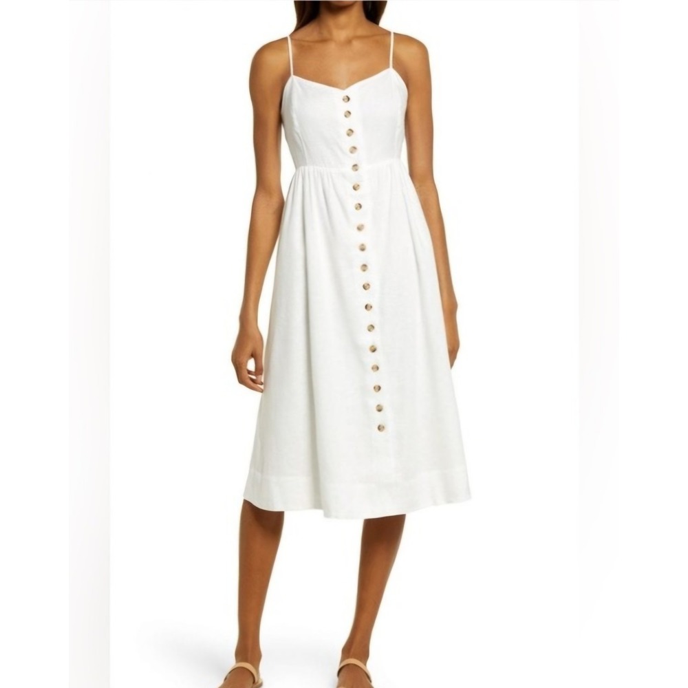 Madewell White Linen Cotton Button Front Spaghetti Strap Midi Sundress Sz 12 NWT